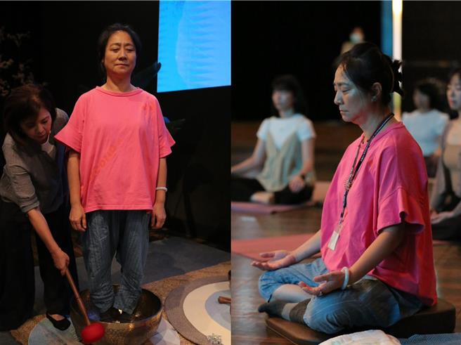 杨丽音参与「常不轻‧正念一日体验」课程，练习正念呼吸与体验颂钵音疗纾压。（大爱电视台提供）