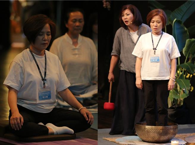杨月娥参与「常不轻‧正念一日体验」课程，练习正念呼吸与体验颂钵音疗纾压。（大爱电视台提供）