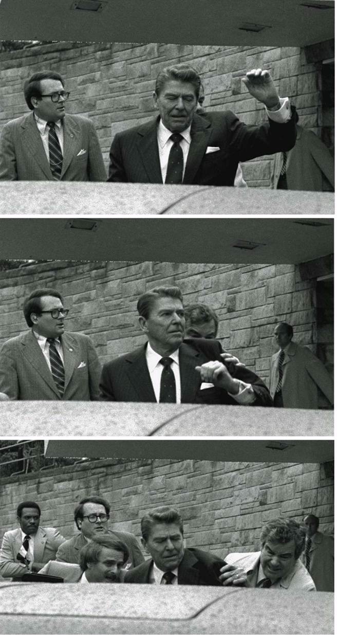 前美國總統雷根遇刺受傷，但他的秘書卻受槍傷而半身癱瘓，另有3名安全人員死亡。圖為1981年雷根遇刺連續圖）（圖／美聯社）