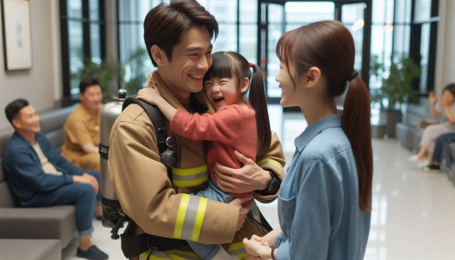 大陸一名消防員送病患到醫院，巧遇妻子也帶女兒來看病，任務結束立即上前抱住女兒關心。（示意圖、與本案無關／AI生成）