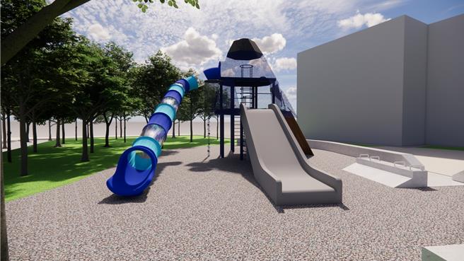 台南市北区争取到10座社区特色游戏场经费，其中大和公园游戏场将打造喜鹊造型溜滑梯，图为电脑模拟造型。（台南市北区区公所提供／程炳璋台南传真）