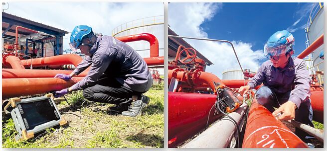 凱德威公司專業人員運用脈衝渦電流檢測技術（左）與陣列超音波檢測（右）技術執行消防管線腐蝕掃描。圖／凱德威公司提供