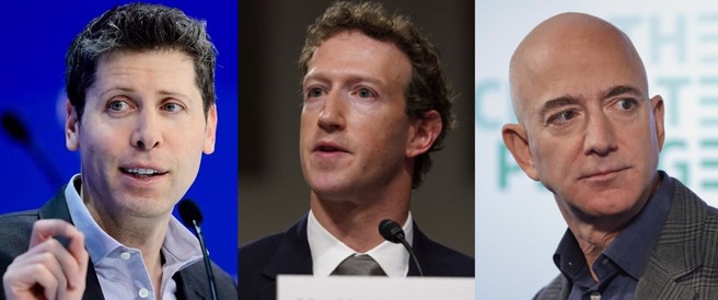 美国前总统、共和党总统候选人川普遇刺，OpenAI执行长阿特曼（左起）、Meta执行长祖克柏、亚马逊创办人贝佐斯等多位美国科技界大咖都发声。（合成图／美联社、路透社）