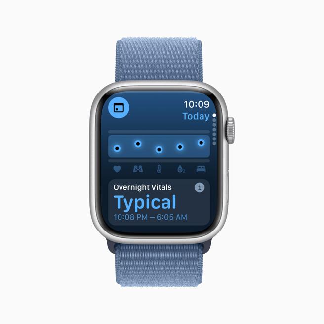透過全新的「Vitals」app，Apple Watch 使用者能夠快速檢視夜間健康指標，並在兩項或以上指標出現異常時收到通知，藉此更瞭解自身的健康狀況。（Apple提供／古明弘台北傳真）