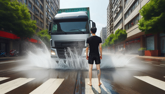 大陆一名男子对着马路尿尿，大卡车高速经过，把地上积水跟尿液喷回男子一身。（示意图、与本案无关／AI生成）