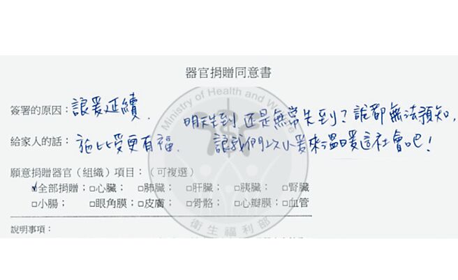 45歲女會計師生前簽署器官捐贈同意書，她在同意書寫下「讓愛延續、施比受更有福」，家屬決定讓她遺愛人間。（雙和醫院提供／高鈞麟新北傳真）