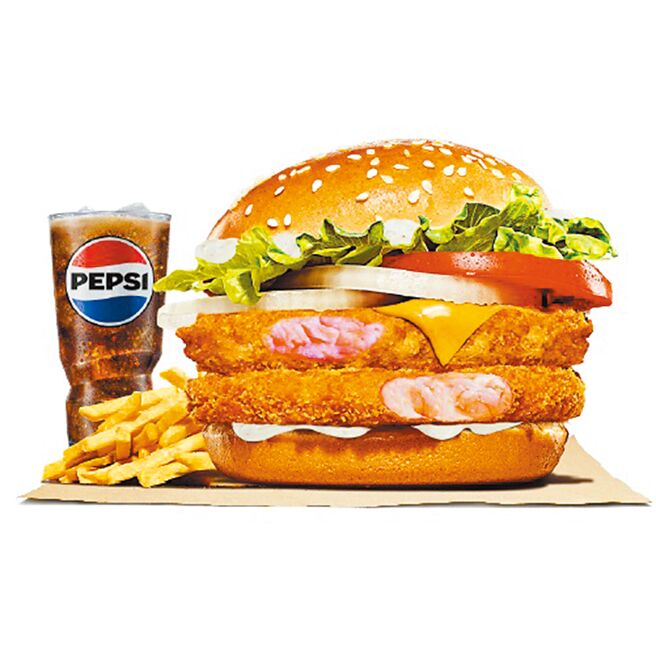 汉堡王「 北海道鲑鱼海老堡」，单点159元、套餐204元。（汉堡王提供）