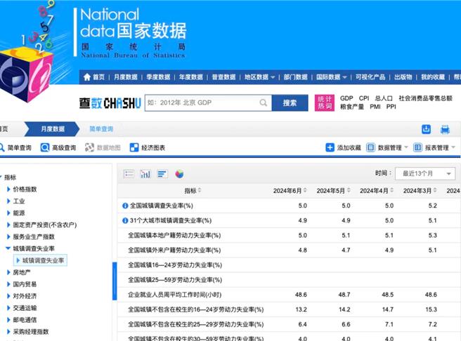 大陸6月勞動力失業率16-24歲13.2％，25—29歲6.4％。（大陸國家統計局官網）