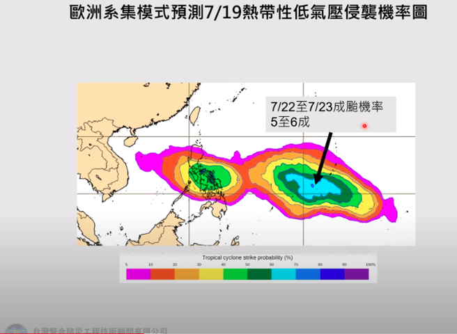 周日至下周一菲律东方海面有热带性低气压发展，下周一、二成颱的机率约5～6成。（翻摄自贾新兴YouTube）