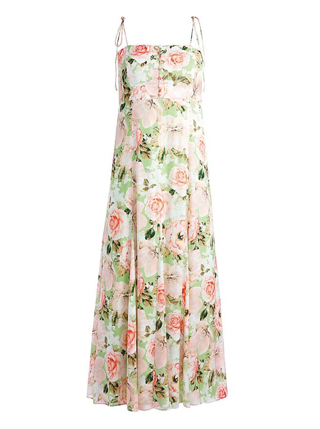 華泰名品城的「Alice and Olivia Lorelle印花細肩帶洋裝」，原價1萬8900元，特價5670元。（華泰名品城提供）