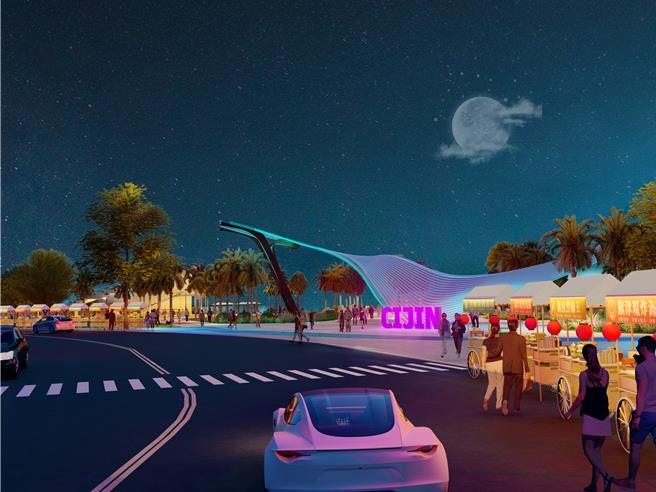 「涌动旗鲸」入口亮点设施，夜间环境模拟图。（高市观光局提供）