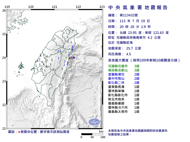 20:20花莲近海规模4.5地震。(图／中央气象署)