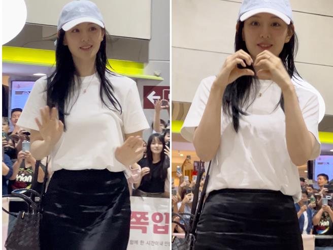 金智媛揮手、比愛心。（孫伊萱攝）