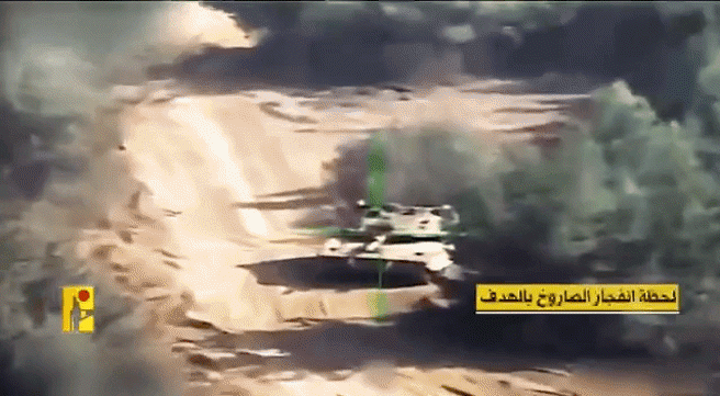 黎巴嫩真主党使用伊朗制的钻石反坦克飞弹摧毁了一辆以色列梅卡瓦主力坦克。（真主党）