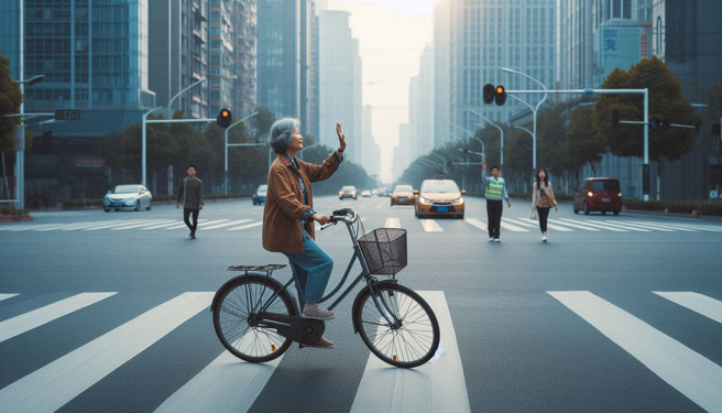 大陆一名大妈骑单车无视灯号，穿越十字路口，遭大货车撞击辗过。（示意图、与本案无关／AI生成）