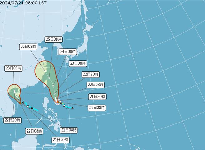 今年第3號颱風「凱米」目前位於鵝鑾鼻東南方約800公里的海面上，以每小時8公里速度向北北西進行。（氣象署提供／陳祐誠台北傳真）