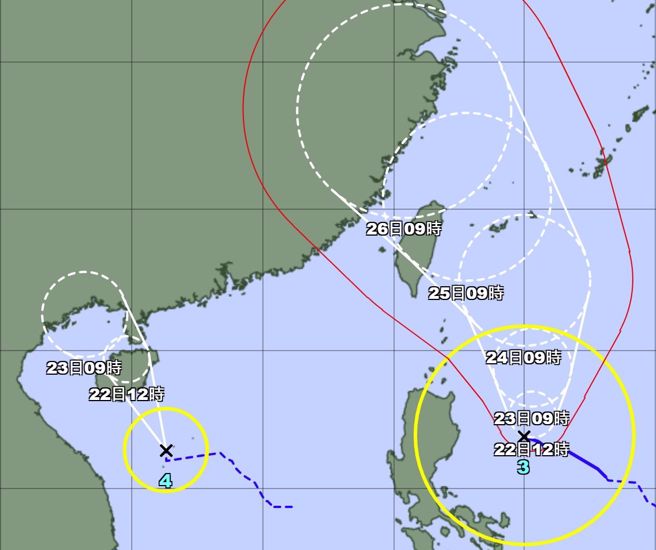 第4號颱風「巴比侖」今天中午在南海生成，與凱米颱風形成雙颱共舞。（翻攝自日本氣象廳）