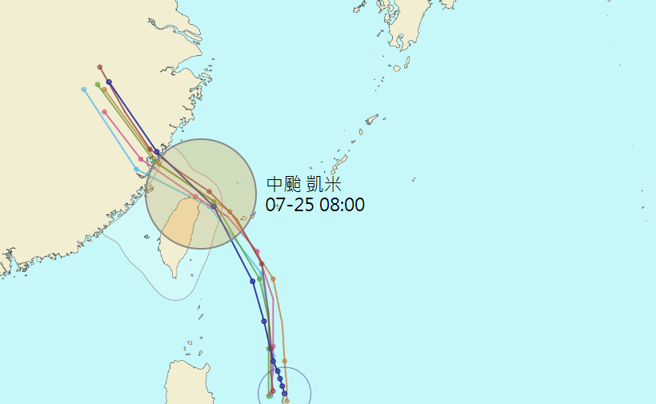 凱米颱風沿著台灣東部海域北上，預估周三、周四兩天影響最劇烈。（翻攝天氣與氣候監測網）