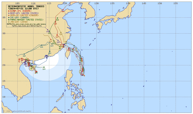 圖為最新各國電腦模式模擬路徑，凱米颱風有可能登陸台灣北部。（翻攝自typhoon2000）