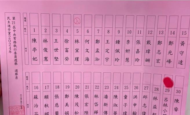 民進黨改選中常委，其中一張中常委選票竟出現紅通通的「指印」，且就蓋在鄭文燦系統的桃園市議員呂林小鳳名字上。（民進黨人士提供）