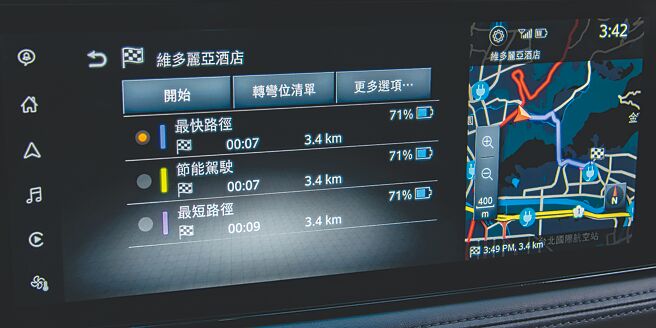 原廠導航地圖可供個人化設定，具備充電站點蒐尋、導航功能，並提供抵達剩餘電量資訊，方便做路線評估。（陳大任攝）