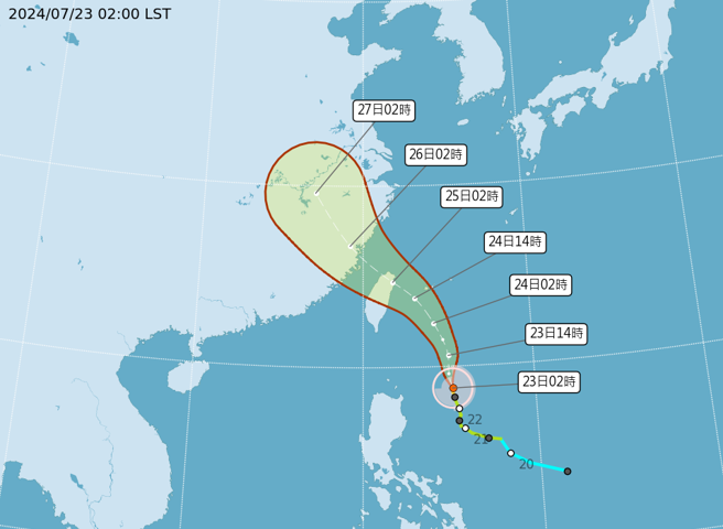 最新路徑預報顯示，凱米在明晚至周四清晨期間，有機會在新北至宜蘭地區登陸。（中央氣象署提供）
