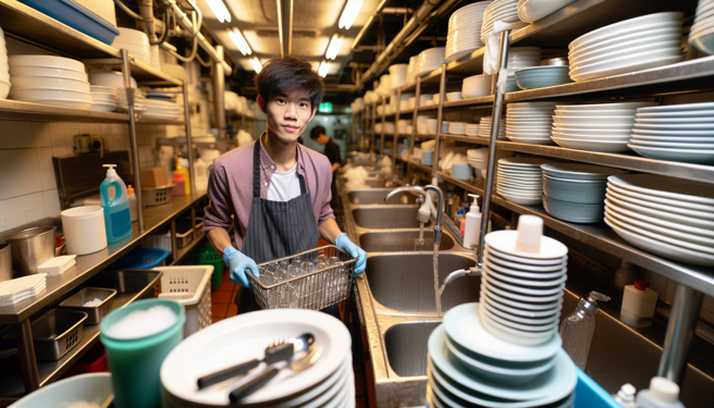 新加坡餐厅徵洗碗工，月薪约新台币8万元，引起网友讨论。（示意图／AI生成）