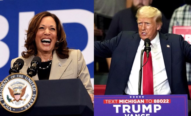 美国总统拜登退选，支持副总统贺锦丽（Kamala Harris，左）出战，对上共和党总统候选人川普 （右）。 （合成图／路透社、美联社）