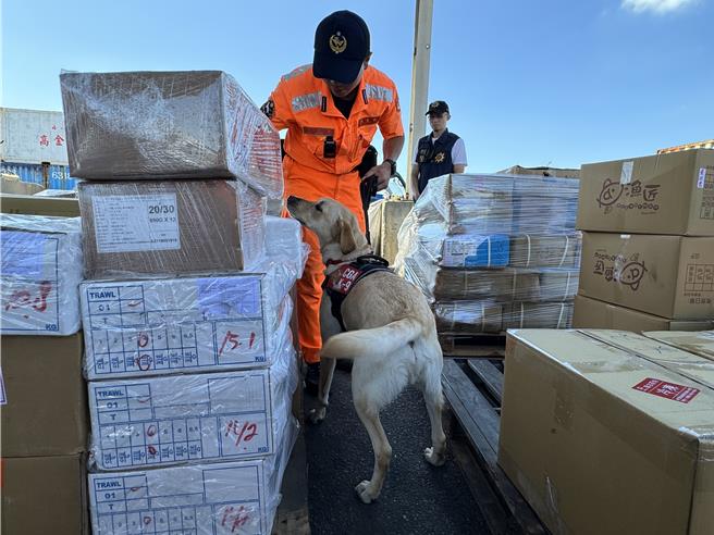 金門縣警局自今年6月起強執行緝毒專案，現階段並擴大至金門料羅港區內，針對到、離港之包裹、超商店到店及郵局等貨物進行緝毒犬偵檢勤務，讓毒品無所遁形。(于家麒攝)