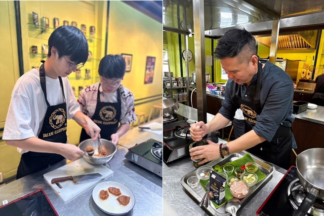 计画协同主持人蔡宗伯副教授与学生共同进行泰式料理手作体验。(照片/暨南大学提供)