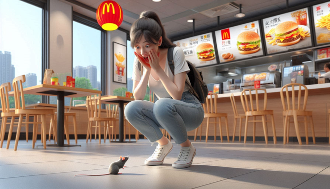 大陸廣州一名女子在速食店內用餐，突然一隻老鼠鑽進褲管。（示意圖、與本案無關／AI生成）