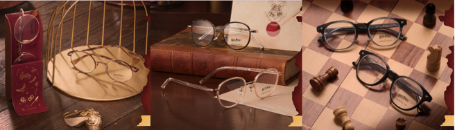 Harry Potter × OWNDAYS 聯名系列，魁地奇主題（左起）、妙麗主題、霍格華滋入學通知書主題。（OWNDAYS 提供）