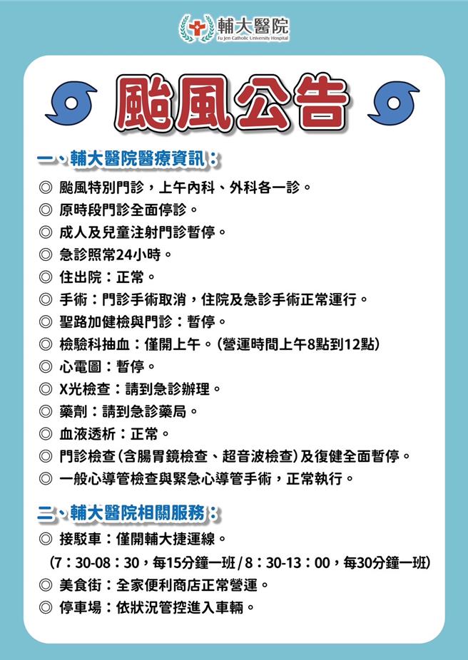 輔大醫院因應凱米颱風來襲調整醫療服務。（輔大醫院提供）