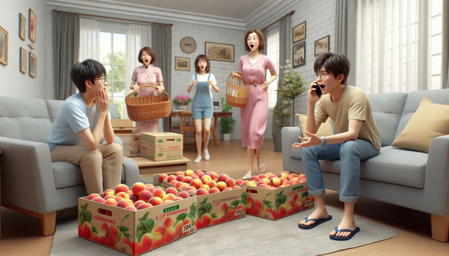 一家人返家都買了社區外大爺賣的桃子，全家人都很有默契。（示意圖、與本案無關／AI生成）