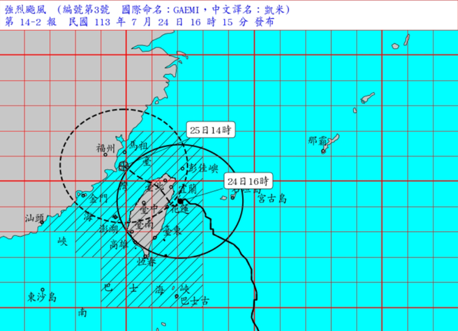凯米中心距离台湾仅剩50公里，但受中央山脉影响，目前出现打转情形。(图／气象署)