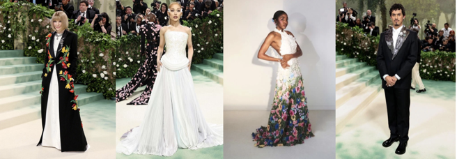 安娜·溫圖(Anna Wintour)、亞莉安娜·格蘭德(Ariana Grande)、泰勒·羅素(Taylor Russell)和奧馬·阿波洛(Omar Apollo)在Met Gala著Loewe服裝。（摘自Loewe官網）