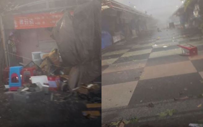 花蓮東大門夜市不敵「凱米來襲」，攤販物品一片倒。（圖／東大門夜市黃金屋壽司林小姐提供）