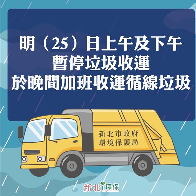 強度颱風凱米登陸台灣，新北環保局因應明（25）日新北市停班停課，暫停上下午收運垃圾，將持續關注明日風雨情形，若晚間風雨漸歇才會加班收運垃圾，提醒市民多注意音樂聲與里長廣播。（新北市環保局提供）