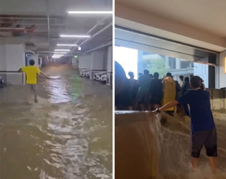 高雄大樓「地下車道變急流」 住戶組人牆肉身擋水！驚駭畫面曝光