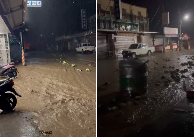 宜蘭台七甲的全家前，深夜突然發生土石流，連水塔都被沖下來了。（翻攝記者爆料網）