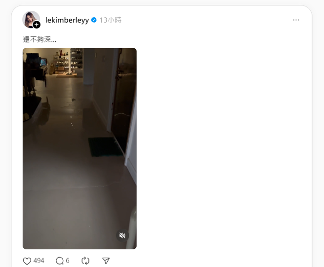 陳芳語上傳家中淹水情況的影片。（圖／翻攝自陳芳語 Threads）