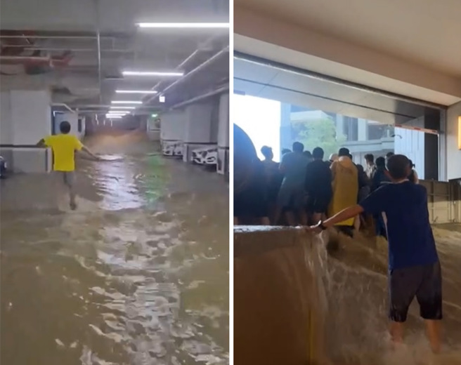 高雄受到凱米颱風肆虐，畫面為一棟新建大樓地下車道遭大水灌進，住戶以肉身抵擋大水。（圖 / 翻攝自記者爆料網）