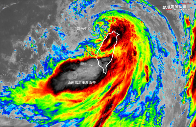 專家表示，凱米正爆發非常肥厚的颱風尾。（圖／翻攝自台灣颱風論壇｜天氣特急）