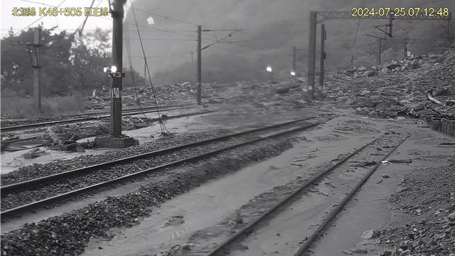 台鐵花蓮崇德、和仁間軌道遭大量土石淹沒。（民眾提供／王志偉花蓮傳真）