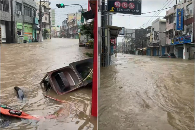 高雄大社区街道全被淹没，中午道路上出现罕见「大社河」景象。( 抖音「臻臻小朋友」授权提供 )