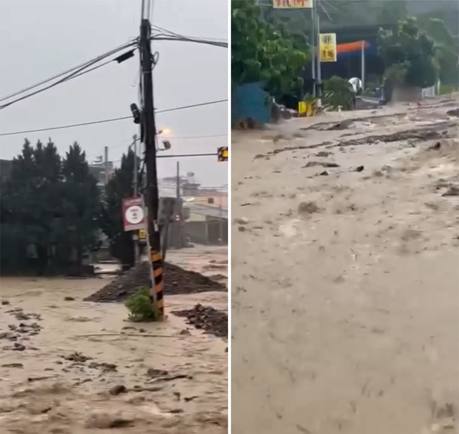 根據這段曝光的畫面顯示，溪水暴漲後攜帶大量土石順流而下，並衝入道路，街道一片滿目瘡痍。（圖 / 翻攝自爆料公社）