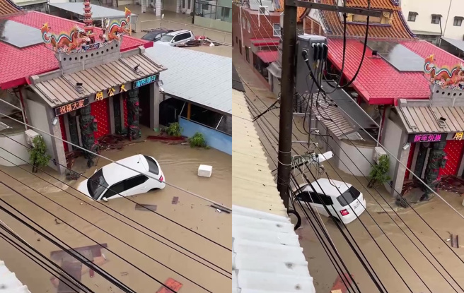 大社区盐埕巷于25日被洪水淹没，街道成汪洋，有民眾的车辆被水冲走，灾情触目惊心。（翻摄记者爆料网）