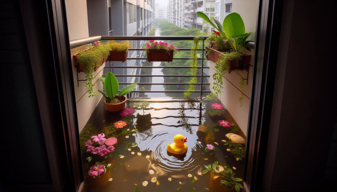 網友瘋傳高雄某社區大樓住戶陽台積水影片。（圖／示意圖，AI生成圖）