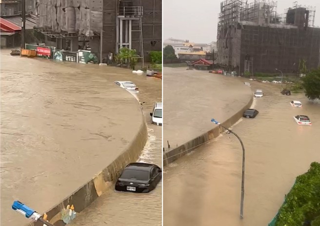 高雄典宝溪溢堤，多辆车泡在水中。（翻摄记者爆料网）