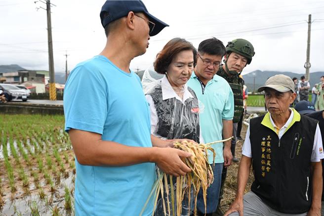 宜兰县长林姿妙（左二）今至三星乡葱农田区勘灾。（吴佩蓉摄）